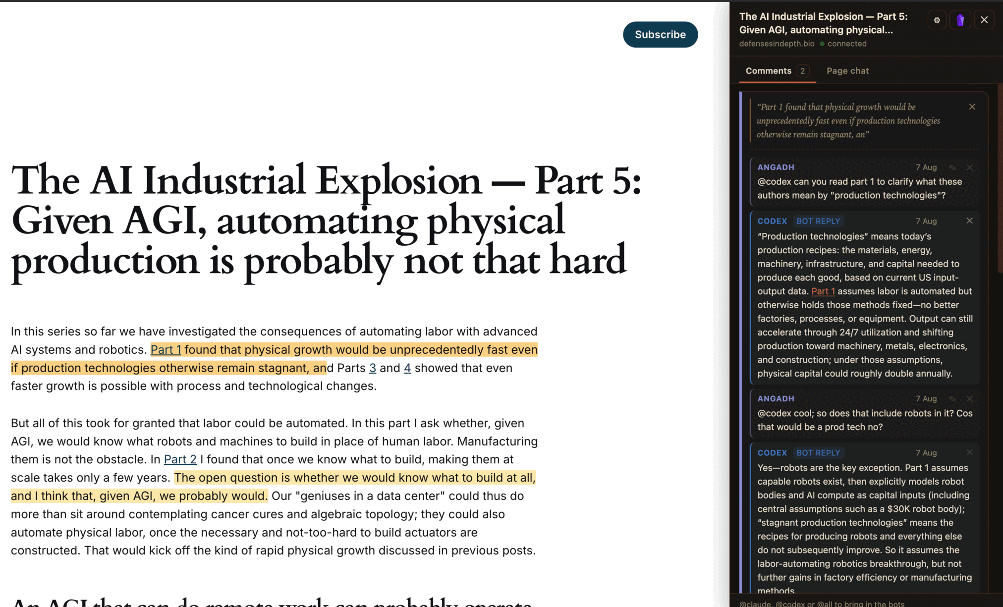 An essay open in the browser with two passages highlighted, and the Discuss drawer open on the right: a comment thread anchored to the first highlight, where Codex answers follow-up questions inline.